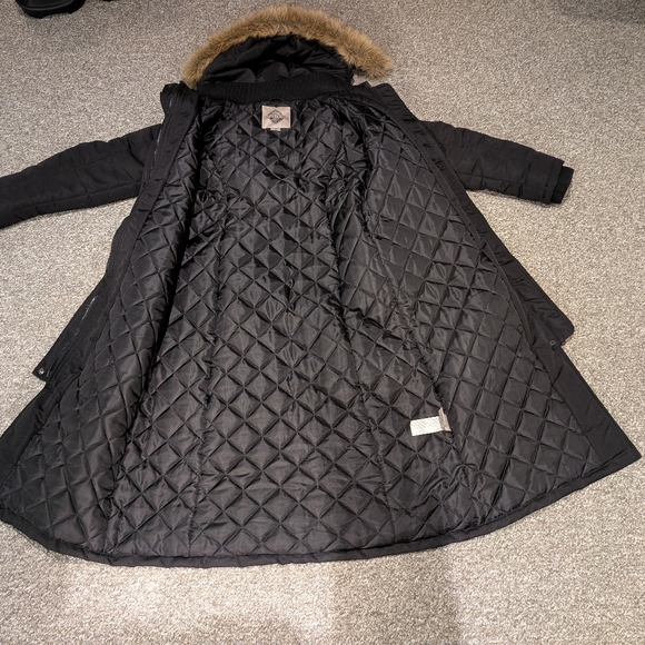 Beaver Canoe Roots Long Coat Women's L Hooded Quilted Lining Pockets Black - Picture 8 of 14
